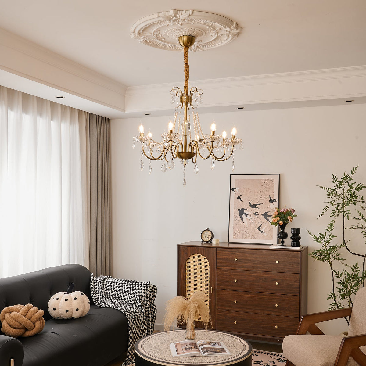 Evaria Crystal Pearl Chandelier – Opalescent Glass & Gold