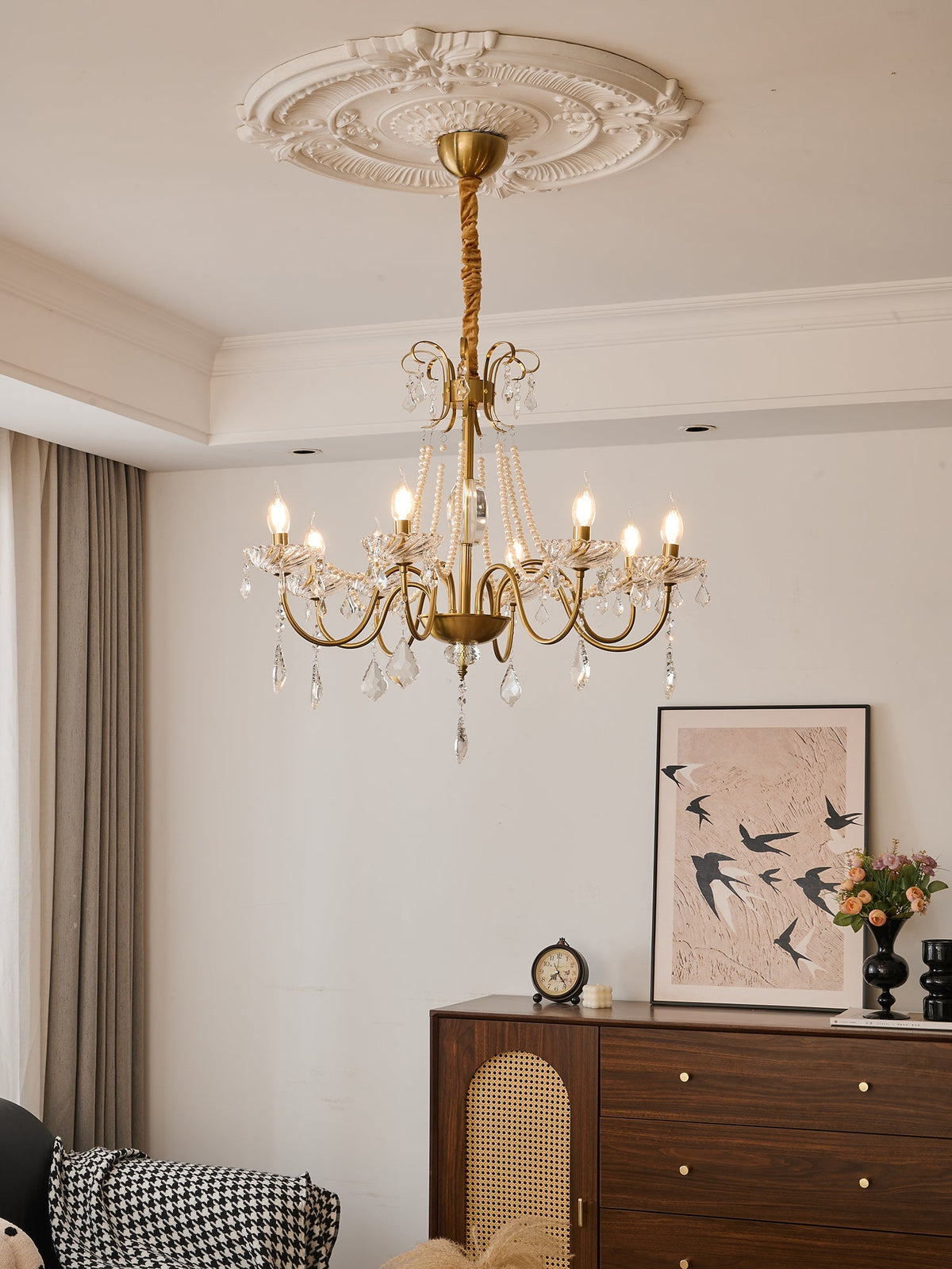 Evaria Crystal Pearl Chandelier – Opalescent Glass & Gold