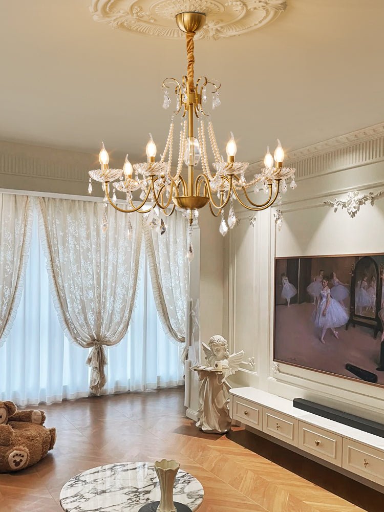 Evaria Crystal Pearl Chandelier – Opalescent Glass & Gold