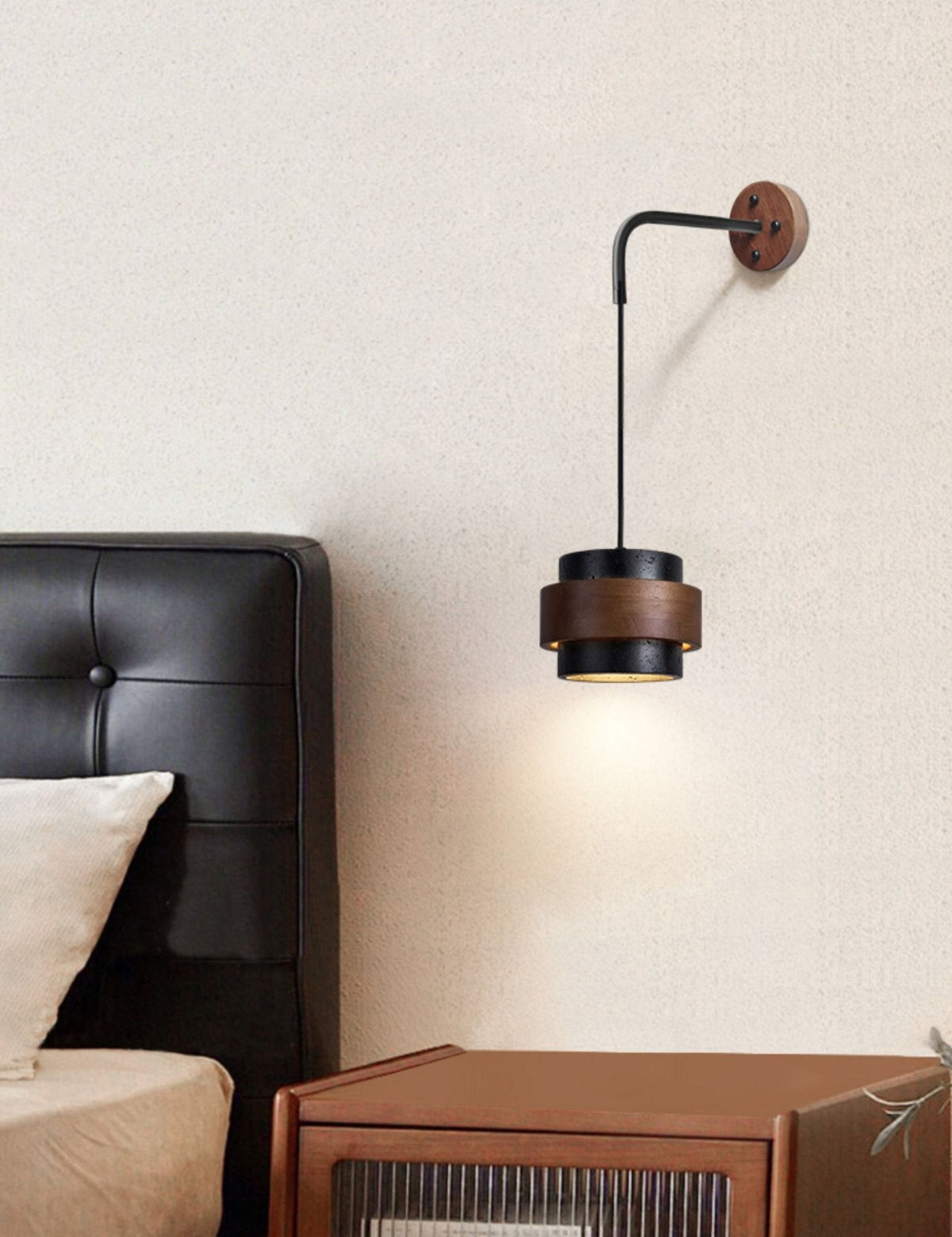 Event Horizon Wall Sconce in Black Travertine and Walnut