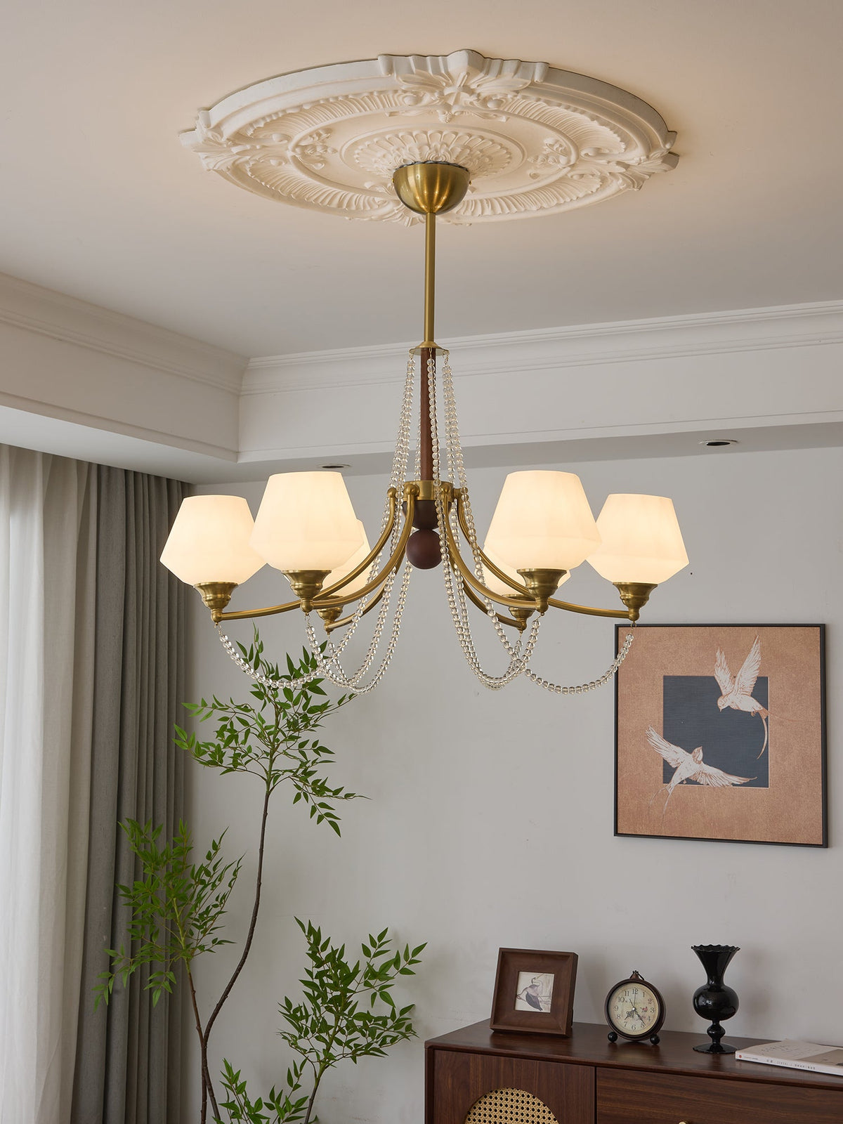 Evora Modern Glass Chandelier with Wood Accents for Dining Room and Living Room