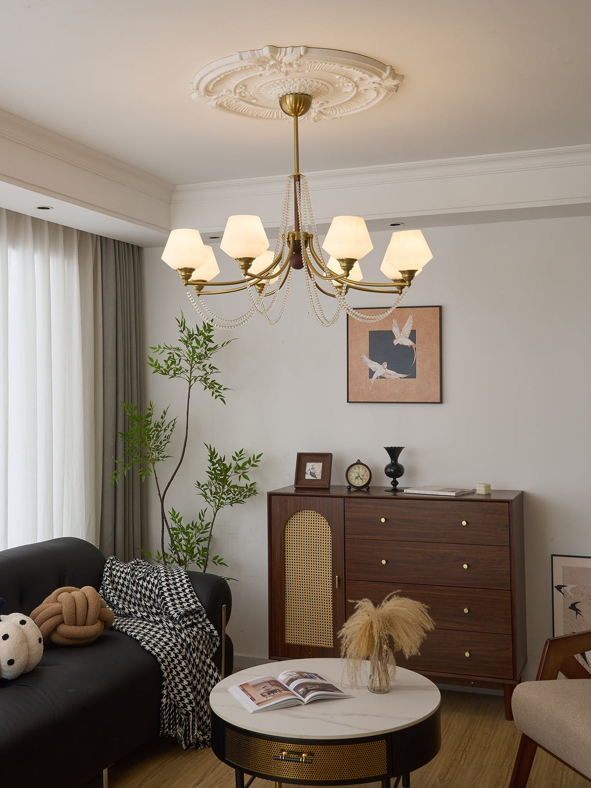 Evora Modern Glass Chandelier with Wood Accents for Dining Room and Living Room