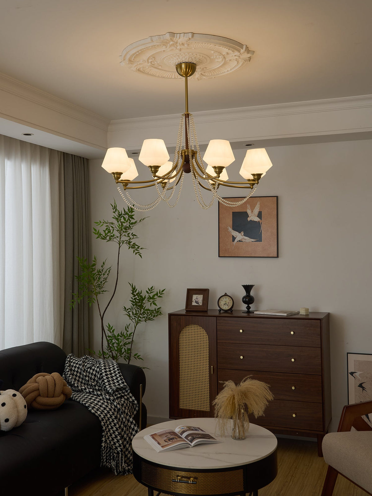 Evora Modern Glass Chandelier with Wood Accents for Dining Room and Living Room