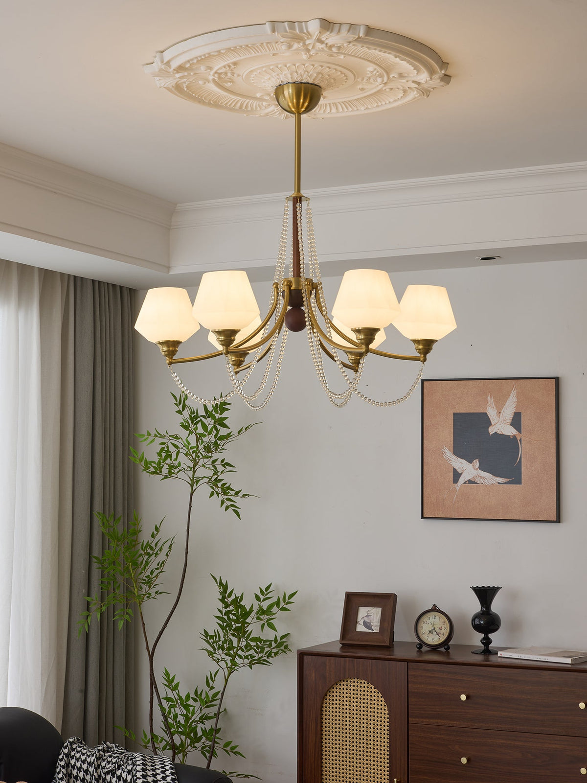 Evora Modern Glass Chandelier with Wood Accents for Dining Room and Living Room