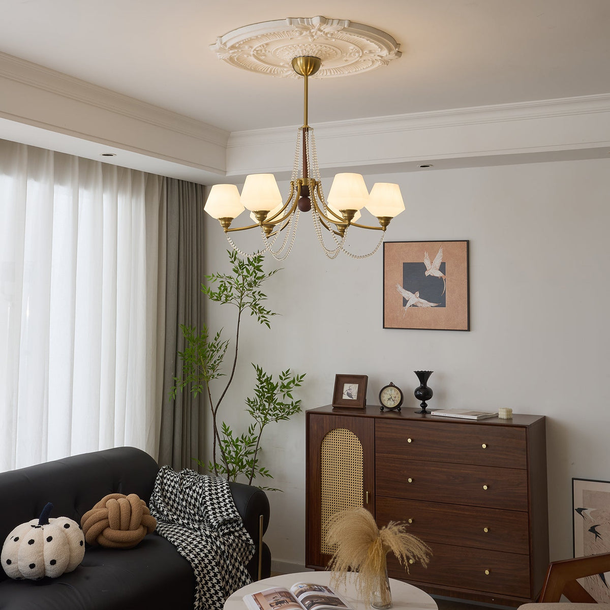 Evora Modern Glass Chandelier with Wood Accents for Dining Room and Living Room
