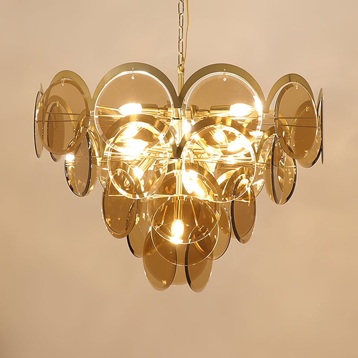 Velora Amber Disc Chandelier – Four-Tier Modern Art Deco Pendant Light