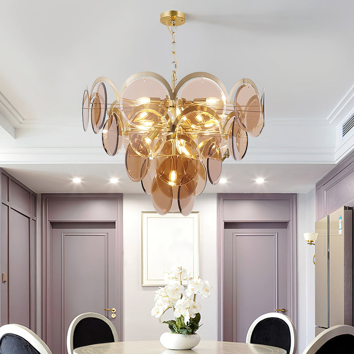 Velora Amber Disc Chandelier – Four-Tier Modern Art Deco Pendant Light