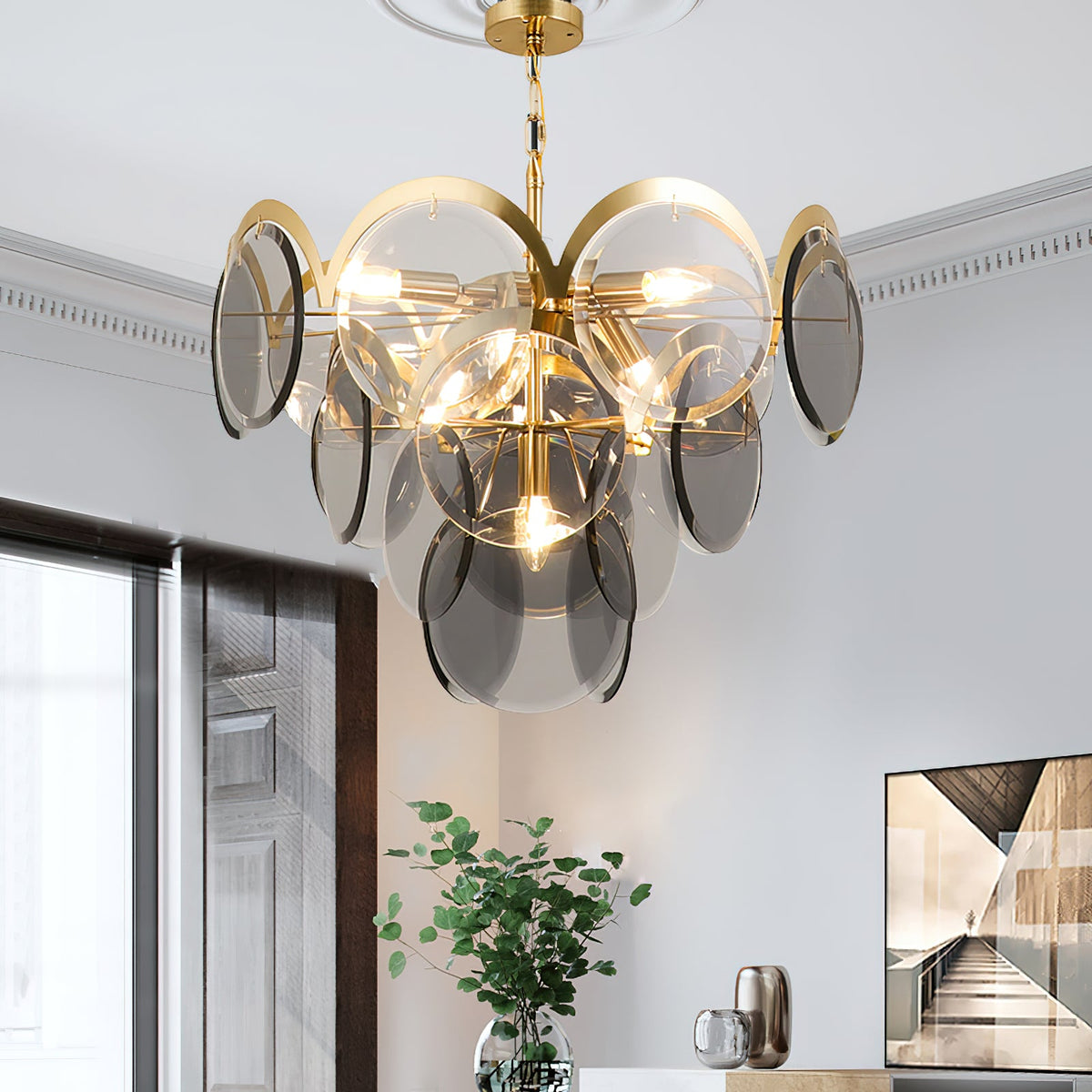 Velora Amber Disc Chandelier – Four-Tier Modern Art Deco Pendant Light