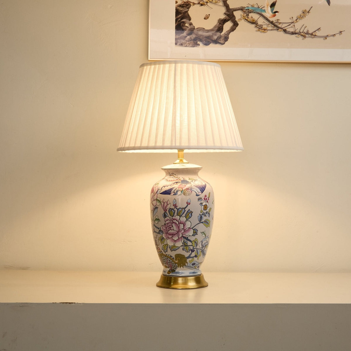 Famille Rose Porcelain Table Lamp with Pleated Fabric Shade