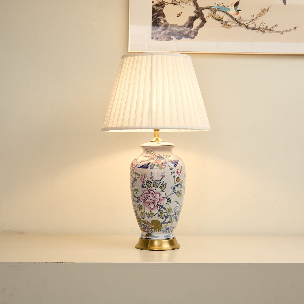 Famille Rose Porcelain Table Lamp with Pleated Fabric Shade