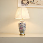 Famille Rose Porcelain Table Lamp with Pleated Fabric Shade