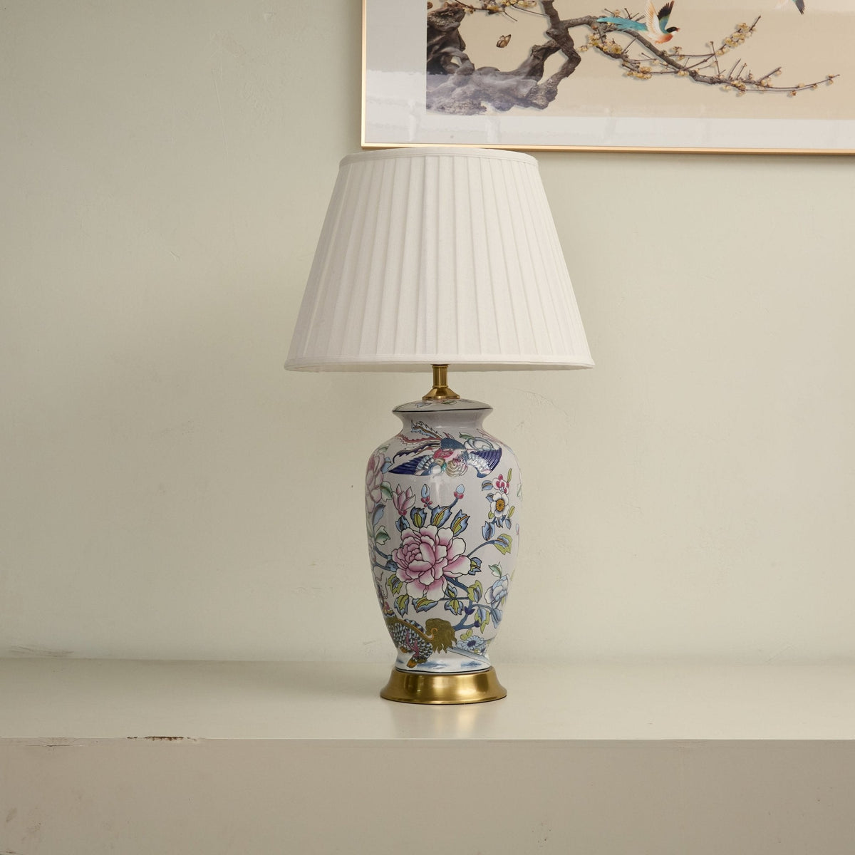 Famille Rose Porcelain Table Lamp with Pleated Fabric Shade