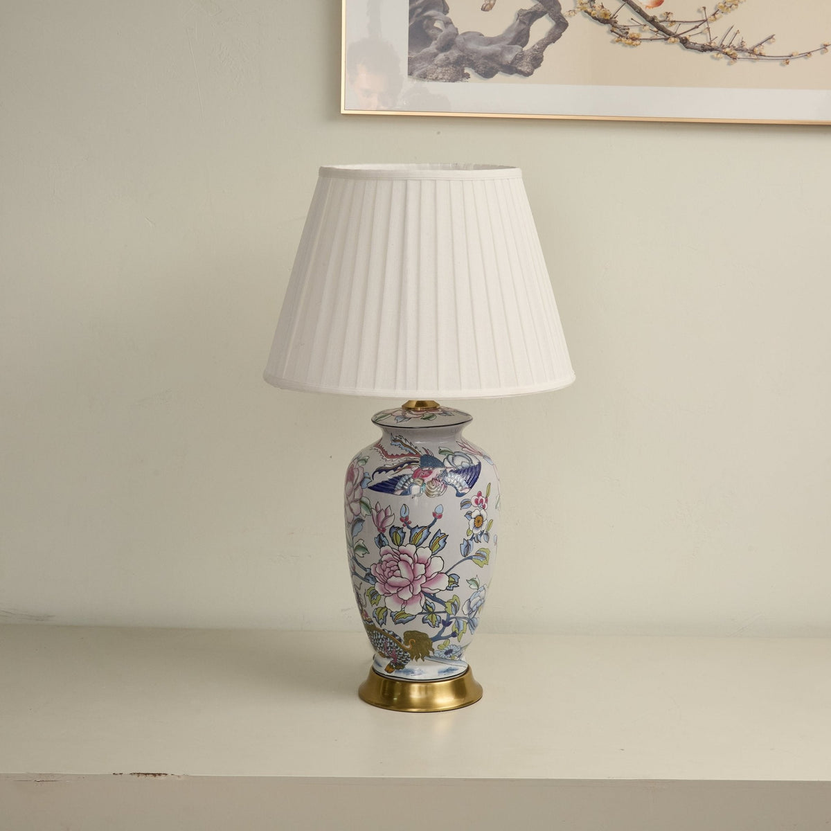 Famille Rose Porcelain Table Lamp with Pleated Fabric Shade