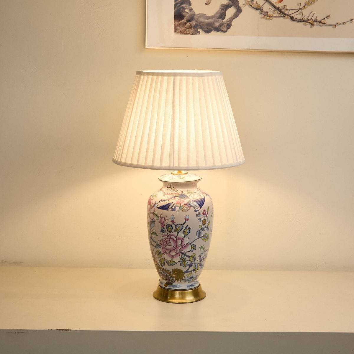 Famille Rose Porcelain Table Lamp with Pleated Fabric Shade