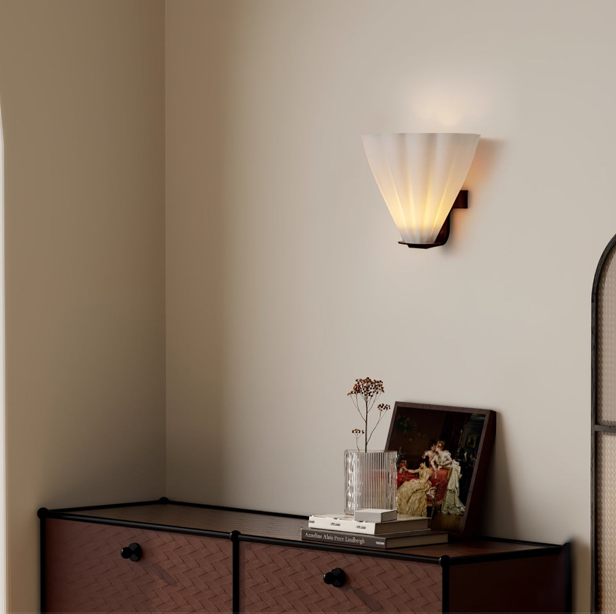 Fan-Shaped Glass Wall Sconce with Black Metal Accent