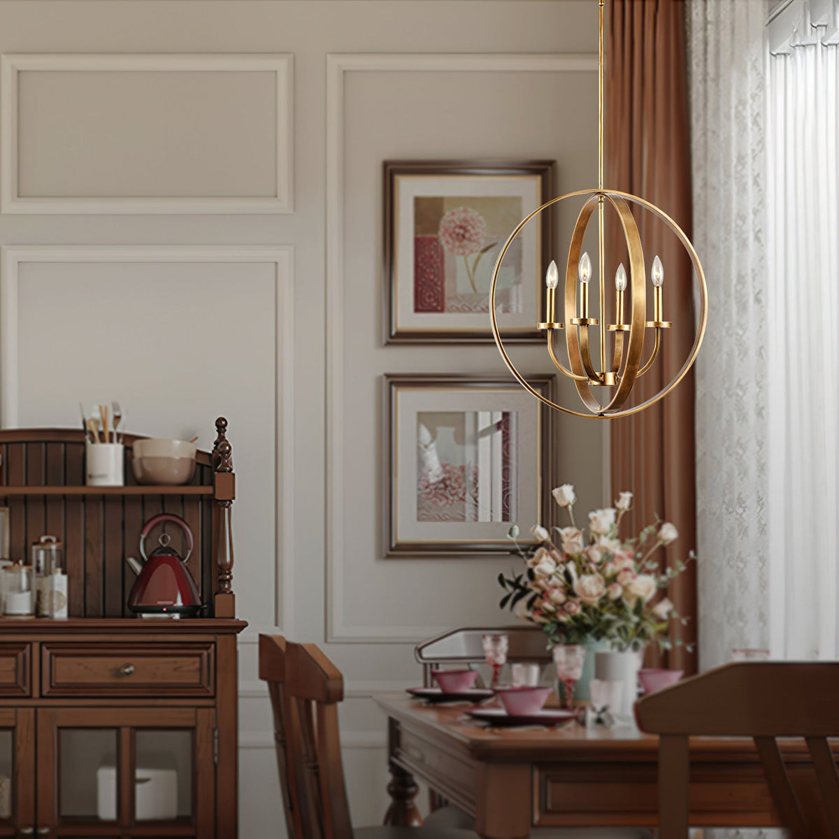Brass Lantern Chandelier with Clear Glass Shades for Dining Room and Foyer