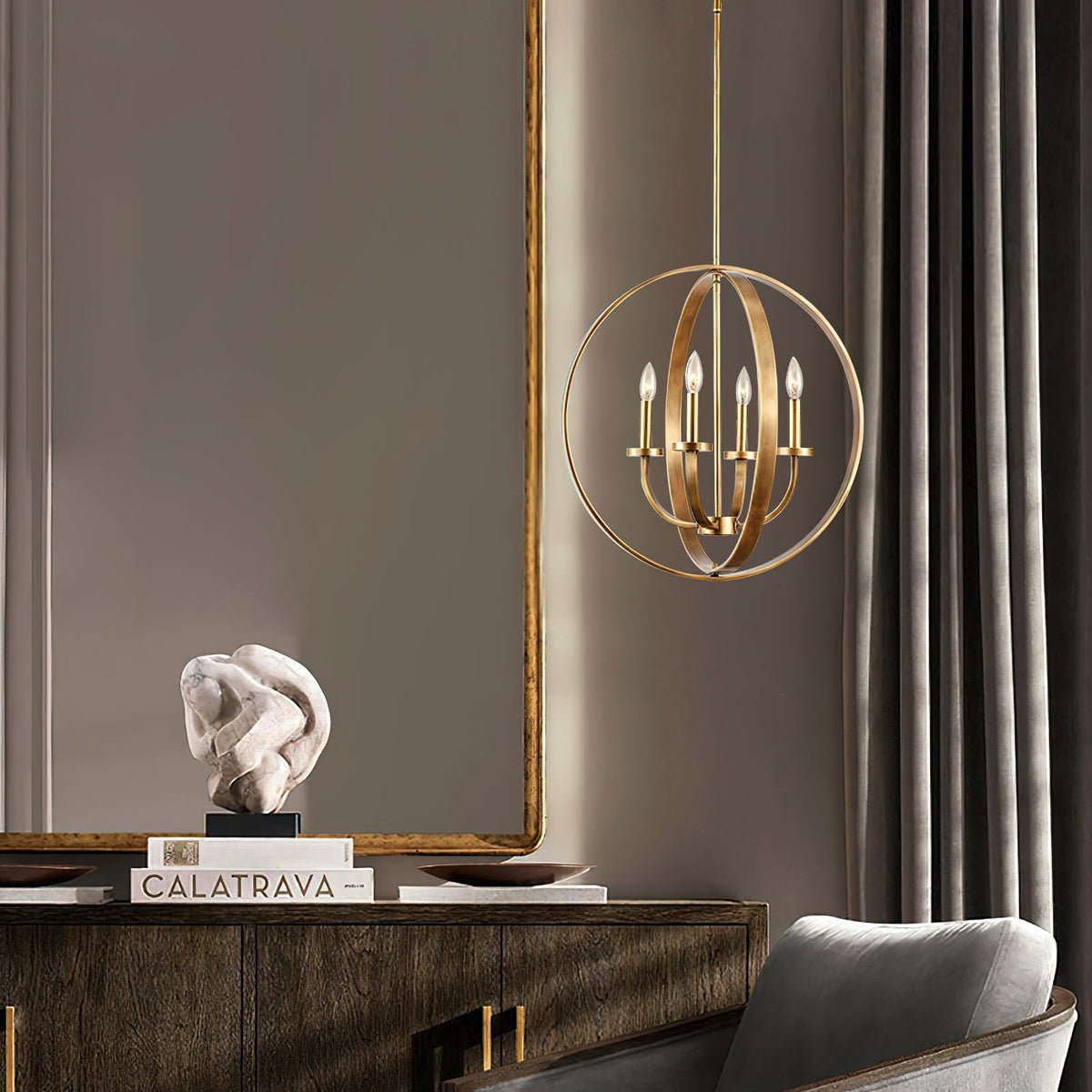 Brass Lantern Chandelier with Clear Glass Shades for Dining Room and Foyer