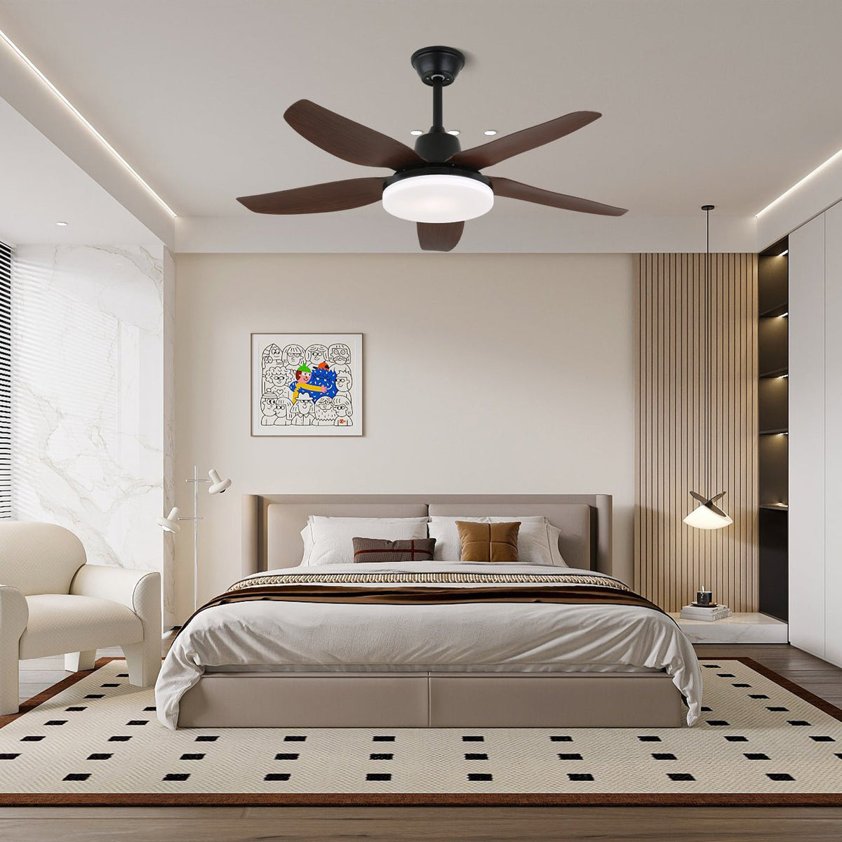 Felix Designer Ceiling Fan with Integrated LED Light, Modern Walnut & Black Finish