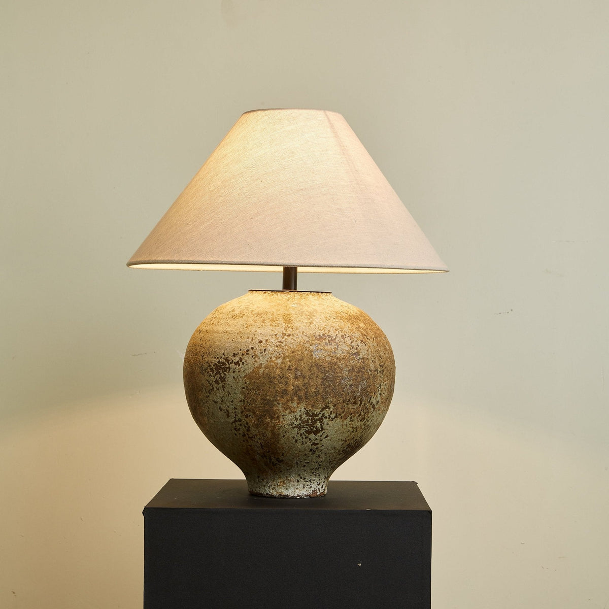 Ferrosia Ceramic Table Lamp with Brass Stem and Beige Fabric Shade