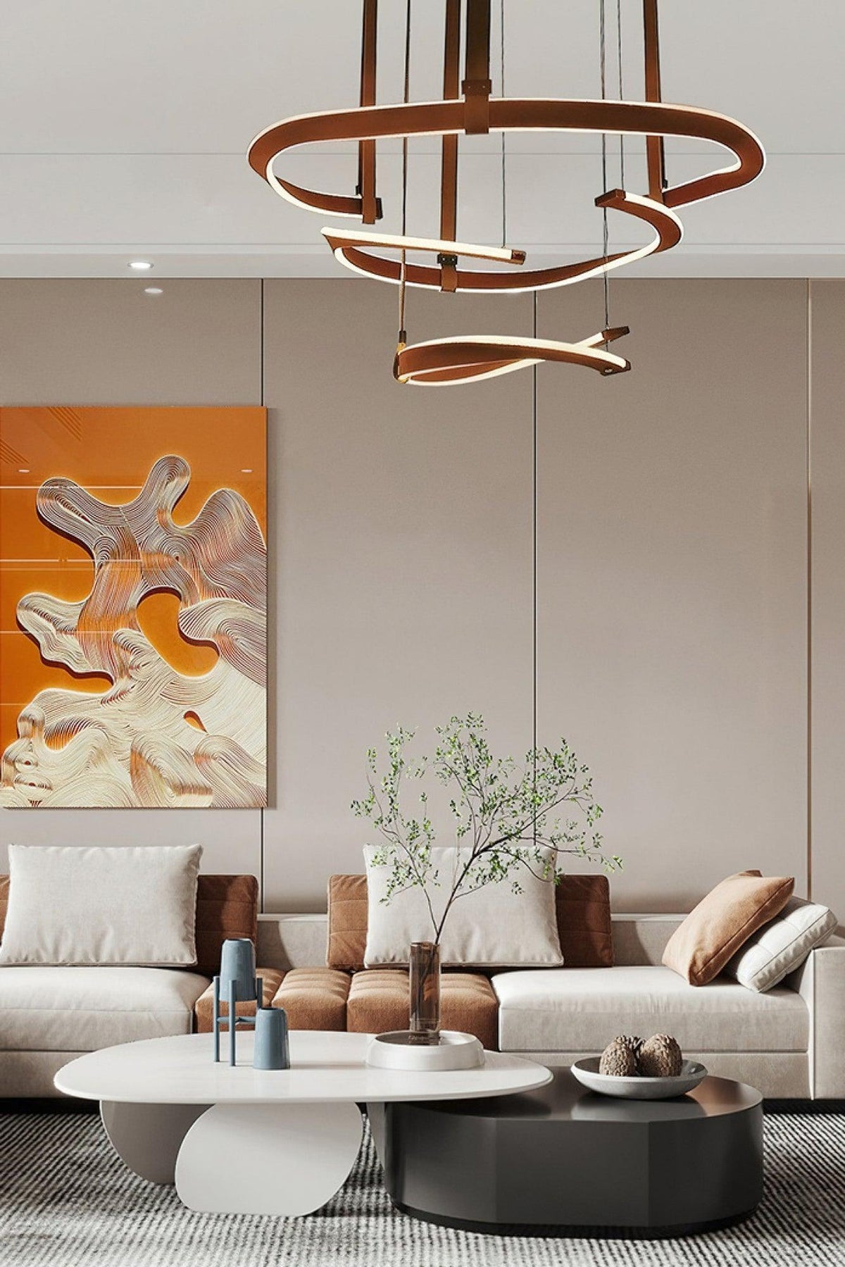 Finopi Linear LED Chandelier with Twisted Metal Rings and Leather Accents