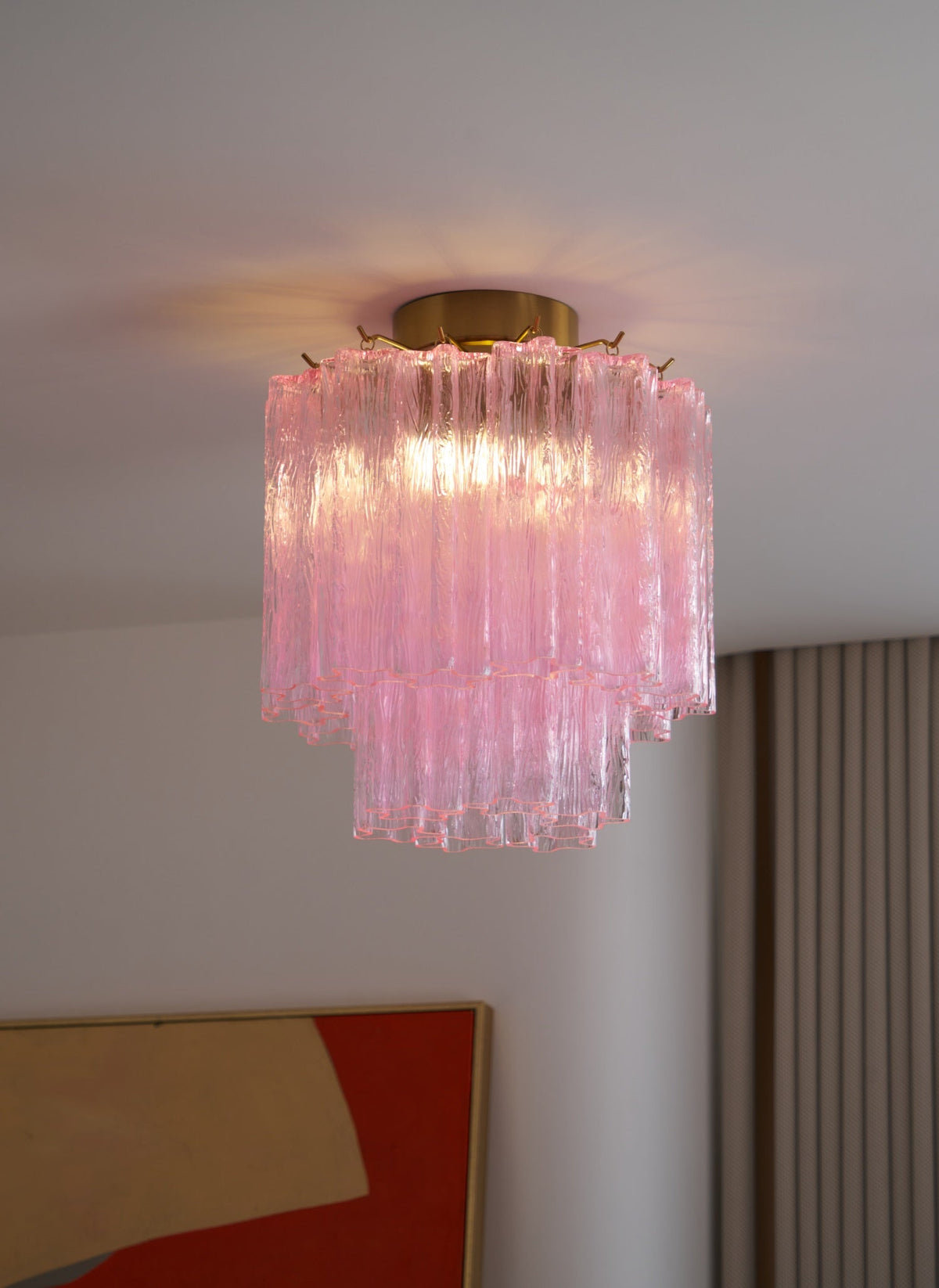 Fiora Pink Murano Glass Flush Mount Ceiling Light with Gold Accents