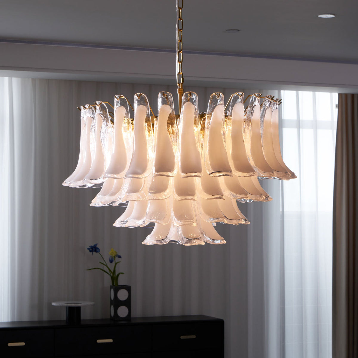 Fiora Pink Glass Chandelier – 17-Light Tiered Murano-Style Pendant for Dining Room & Living Room