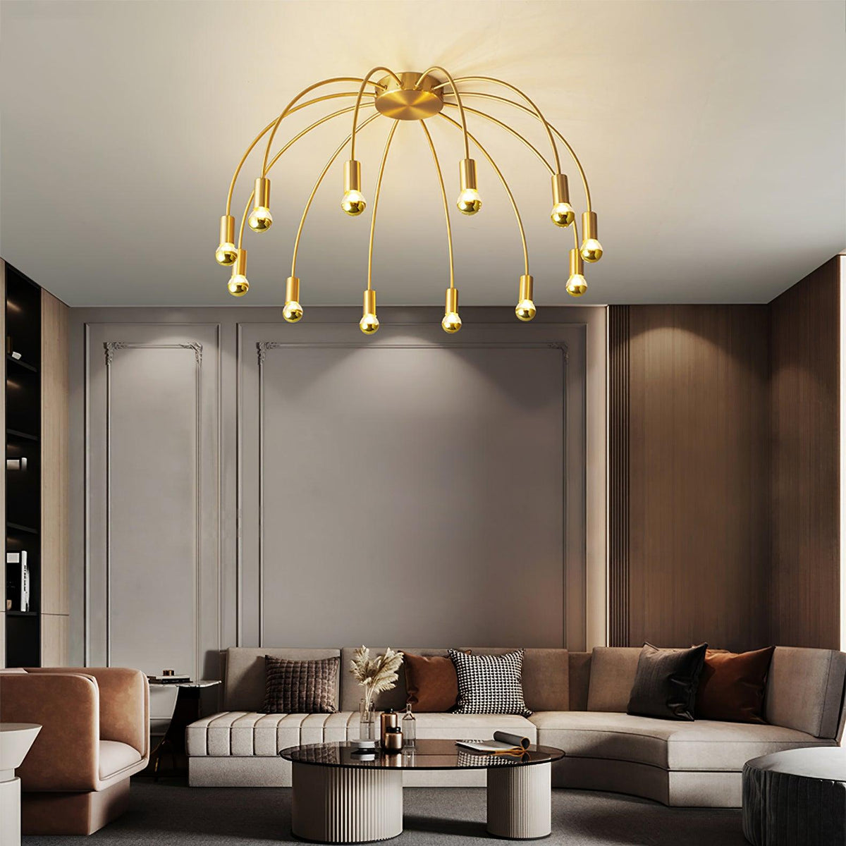 Fireworks Semi Flush Mount Ceiling Light in Brass and Glass for Modern Interiors