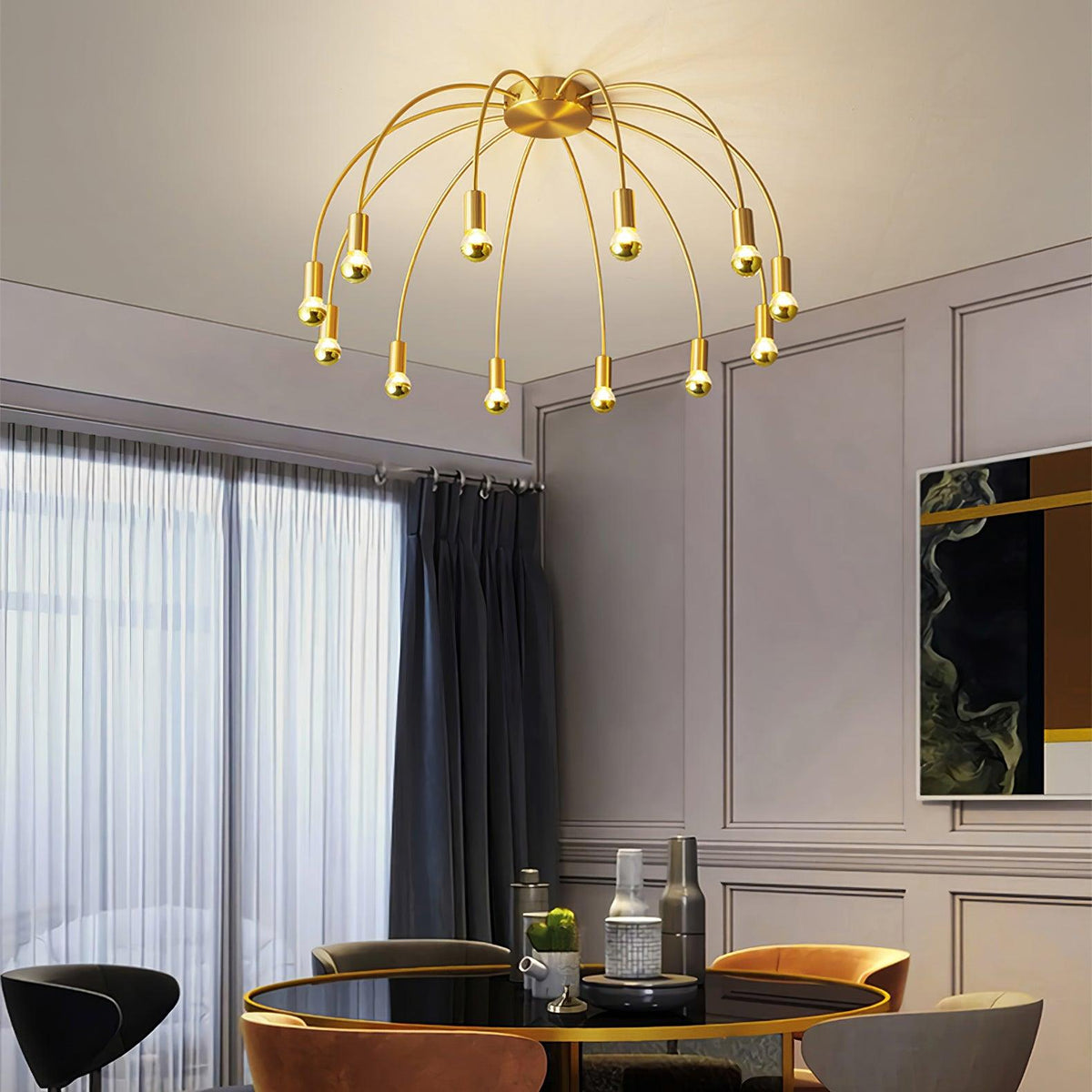 Fireworks Semi Flush Mount Ceiling Light in Brass and Glass for Modern Interiors