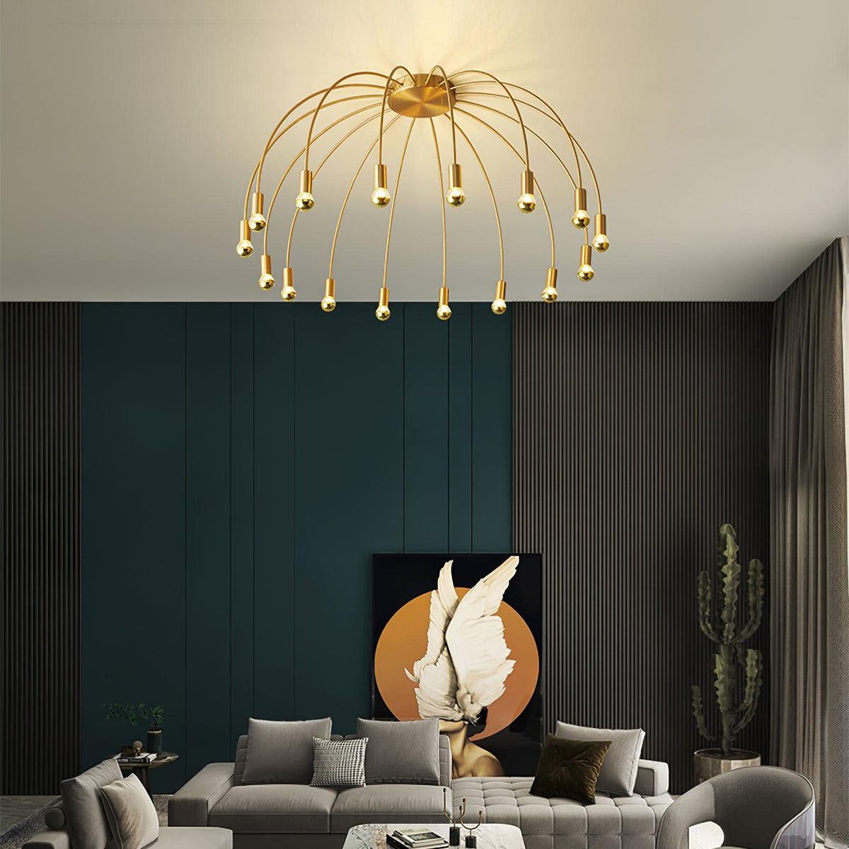 Fireworks Semi Flush Mount Ceiling Light in Brass and Glass for Modern Interiors
