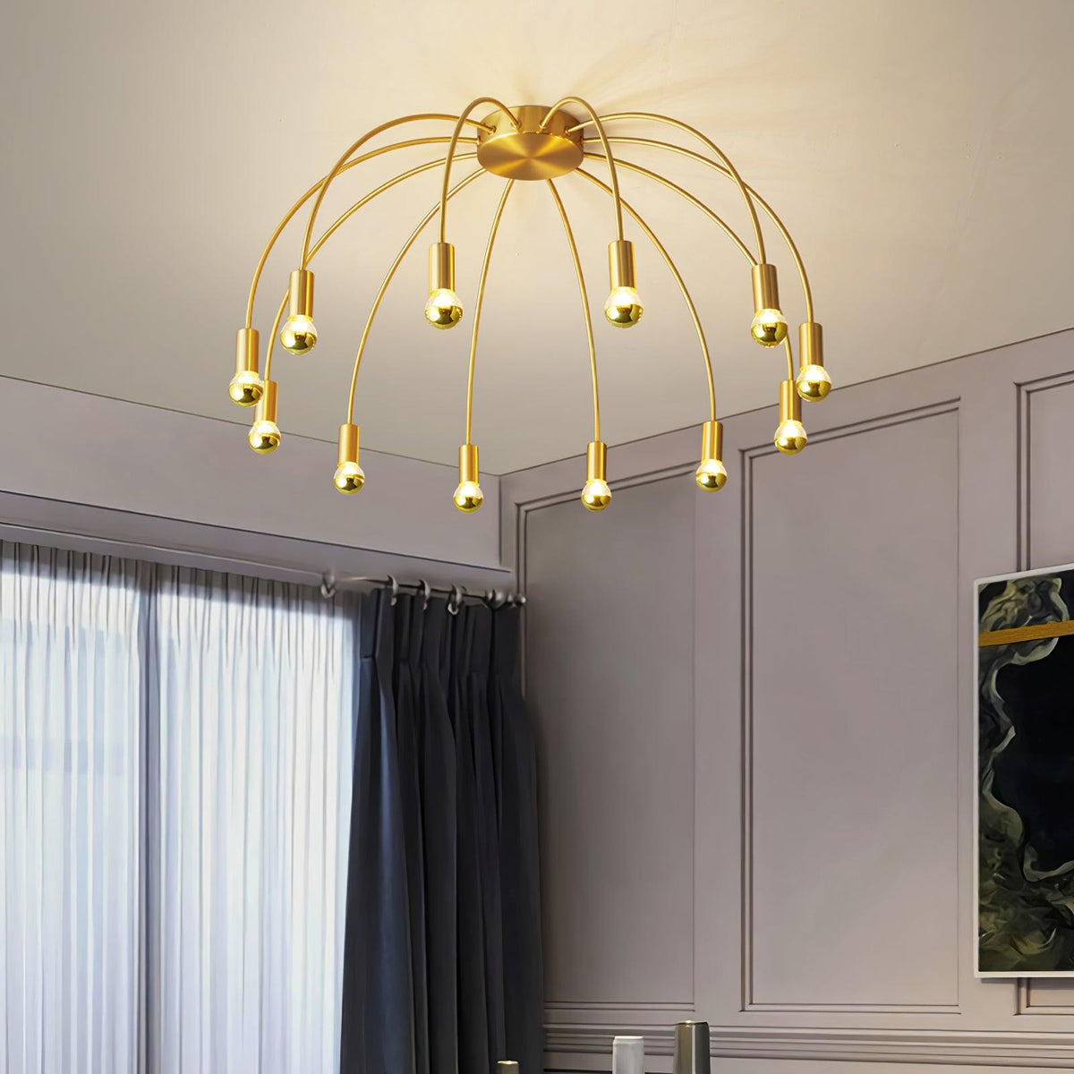 Fireworks Semi Flush Mount Ceiling Light in Brass and Glass for Modern Interiors