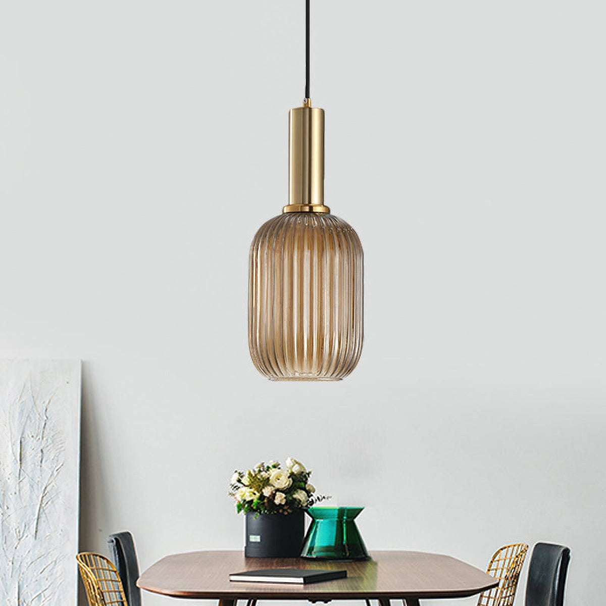 Flair Glass Pendant Light – Art Deco Reeded Glass Ceiling Lamp for Dining Room and Living Room