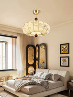 Fleur Lantern Pendant Light – Ivory Floral Shade with Walnut or Nickel Accents