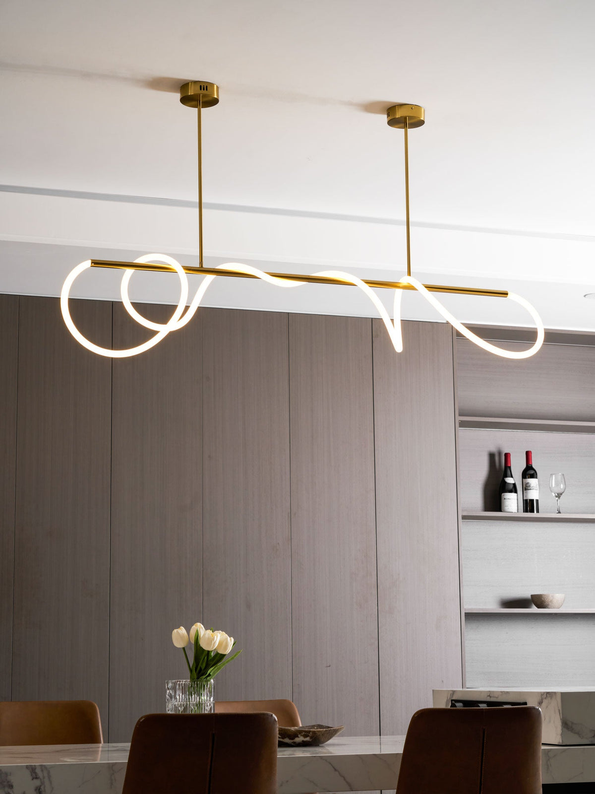 Sculptural Linear Curve LED Chandelier in Gold or Black