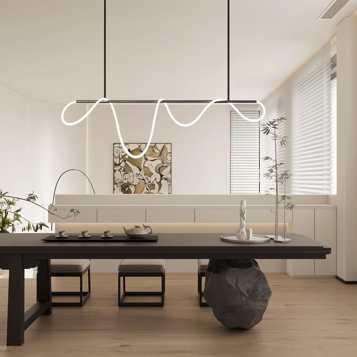 Sculptural Linear Curve LED Chandelier in Gold or Black