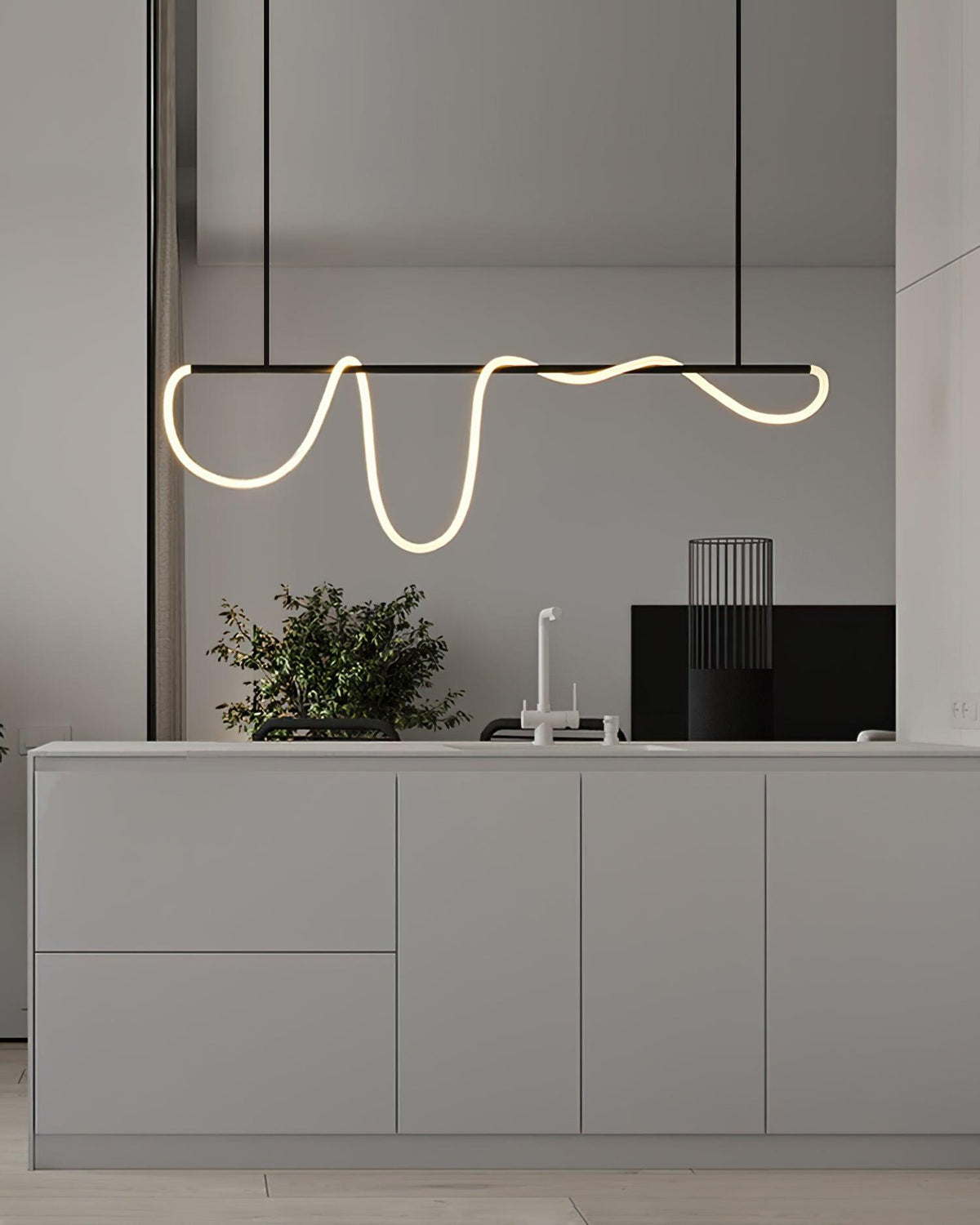 Sculptural Linear Curve LED Chandelier in Gold or Black