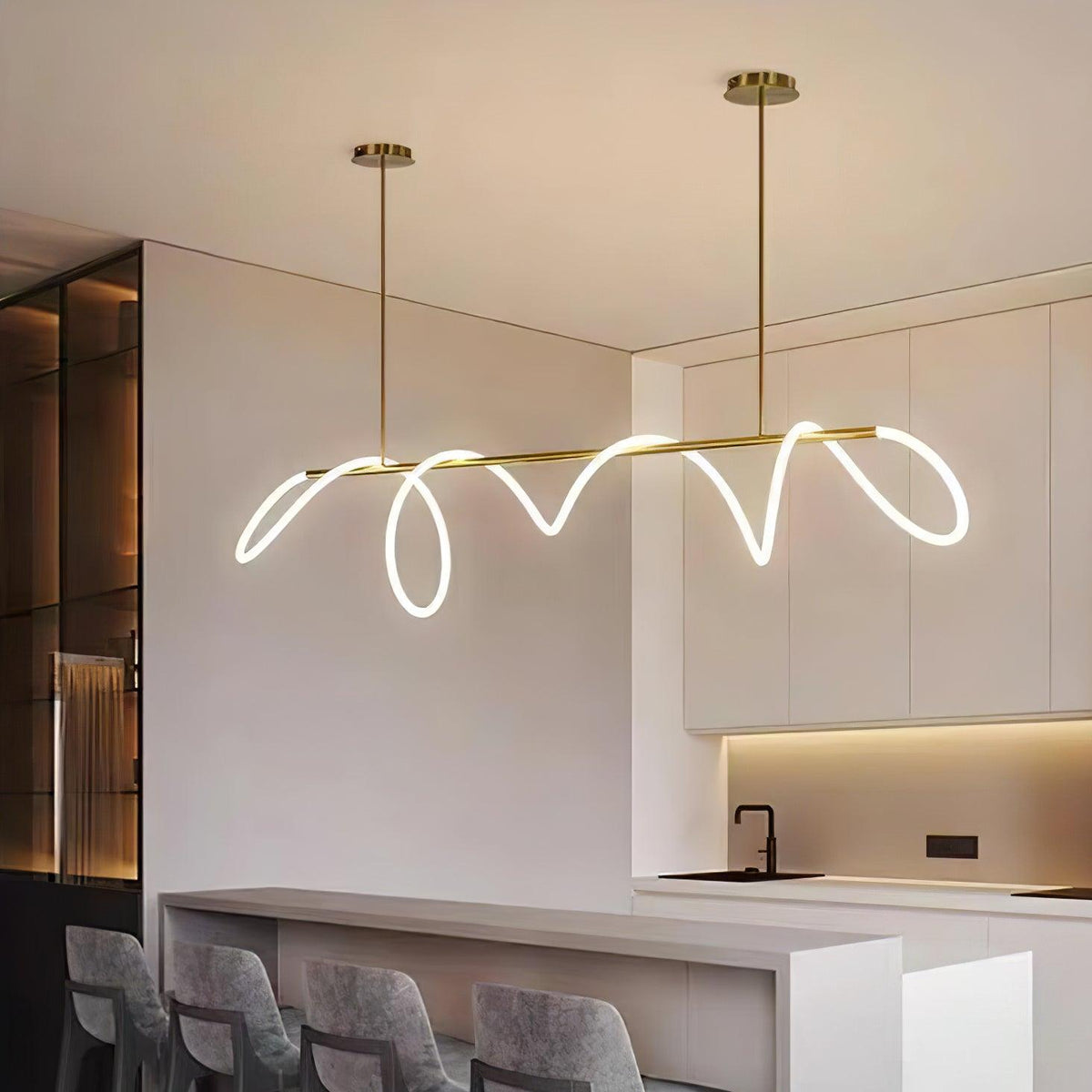 Sculptural Linear Curve LED Chandelier in Gold or Black