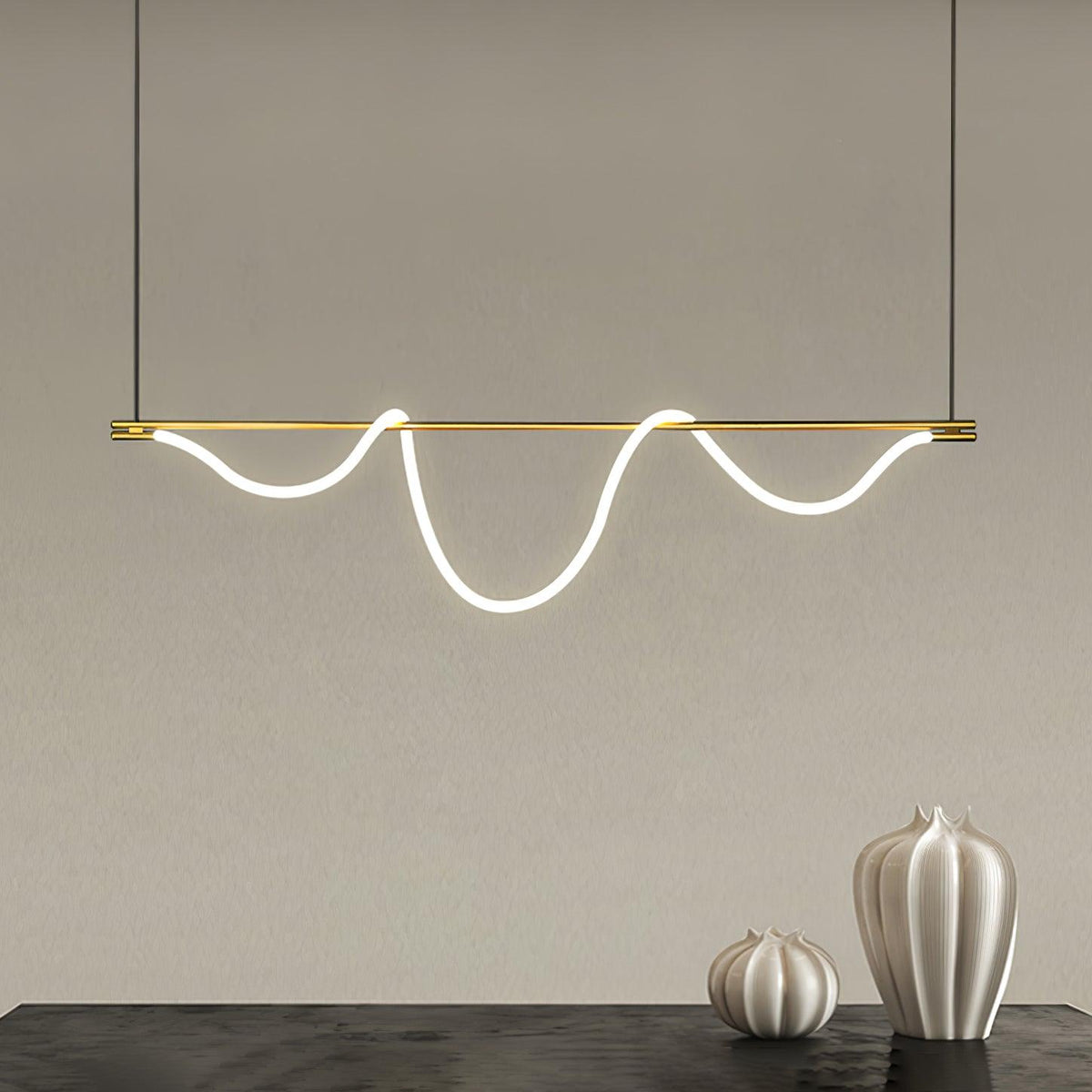 Sculptural Linear Curve LED Chandelier in Gold or Black