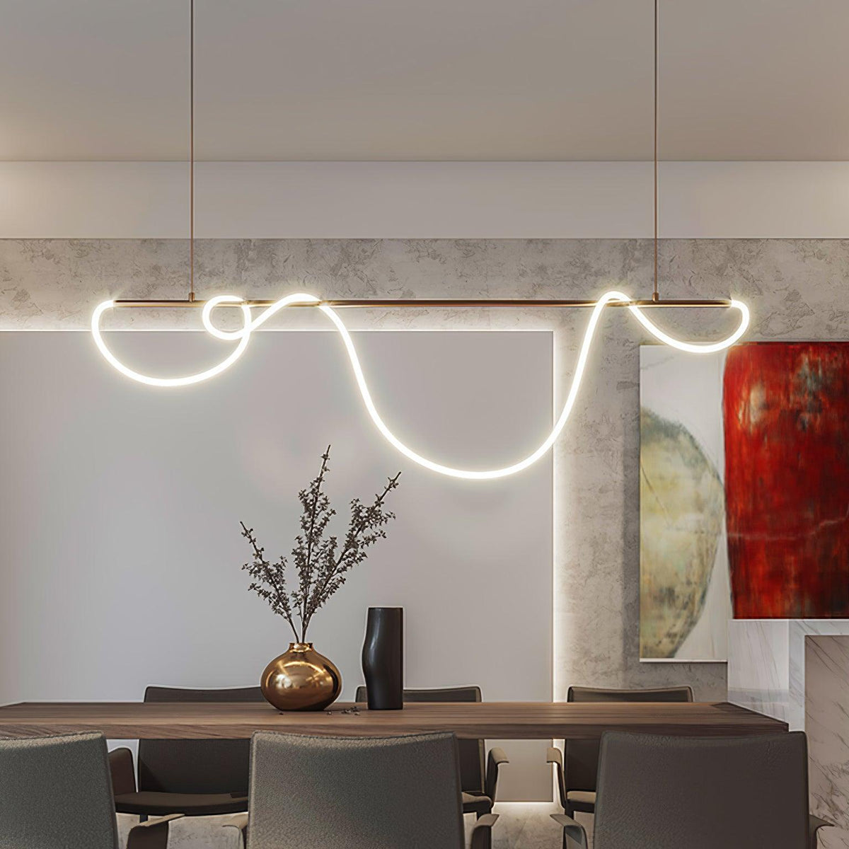 Sculptural Linear Curve LED Chandelier in Gold or Black