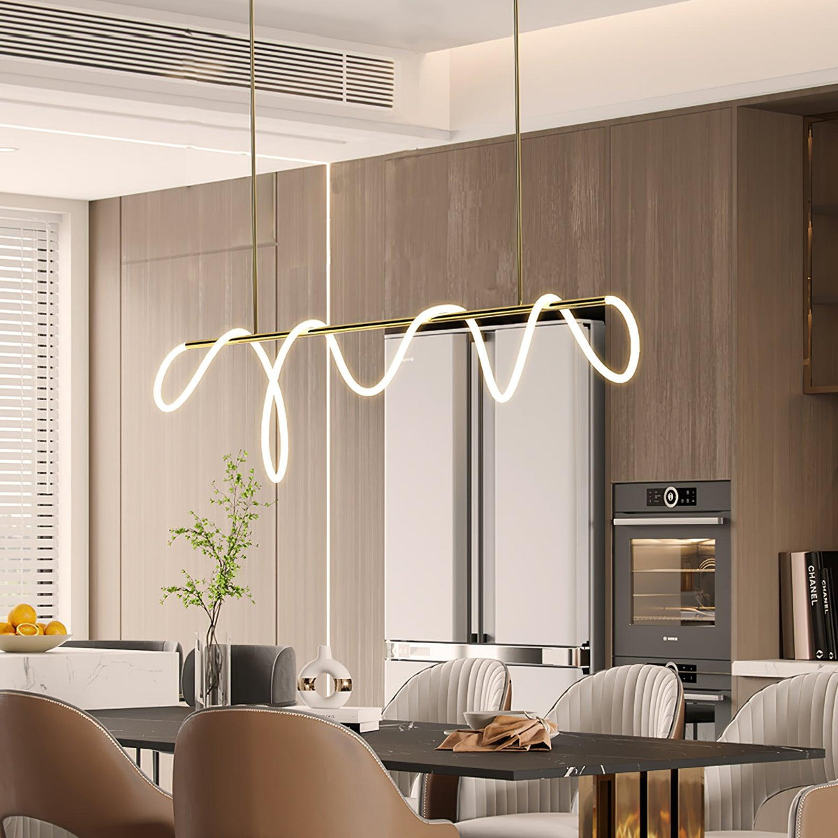 Sculptural Linear Curve LED Chandelier in Gold or Black