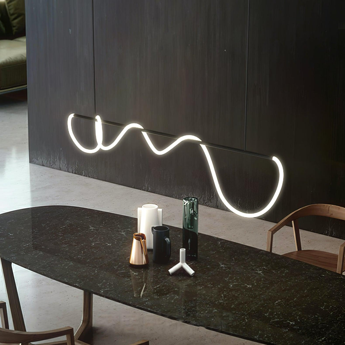 Sculptural Linear Curve LED Chandelier in Gold or Black