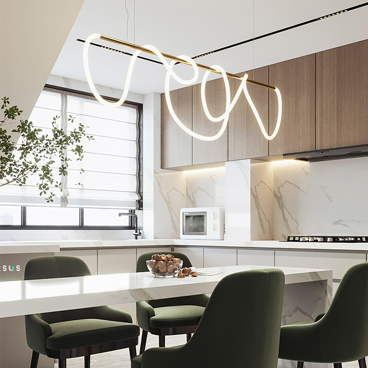 Sculptural Linear Curve LED Chandelier in Gold or Black