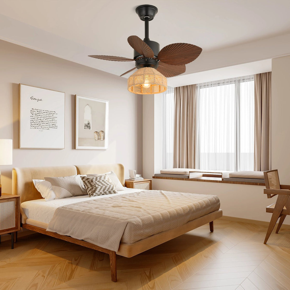 Flora Designer Ceiling Fan Light with Natural Wood Blades and Woven Shade