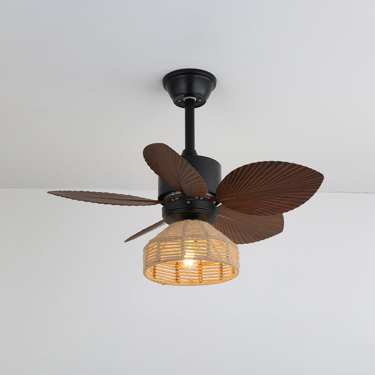 Flora Designer Ceiling Fan Light with Natural Wood Blades and Woven Shade