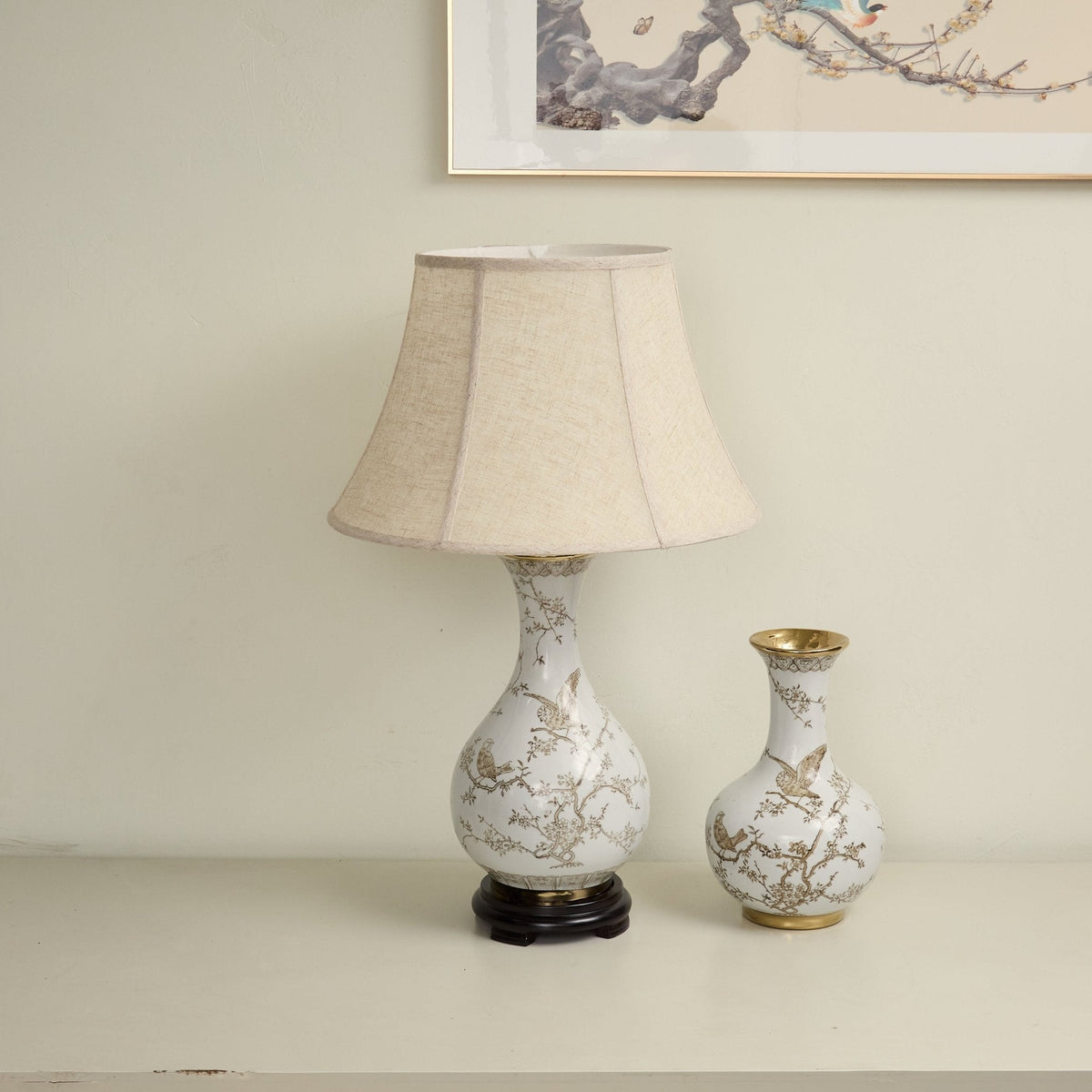 Floral Bird Ceramic Table Lamp with Beige Fabric Shade