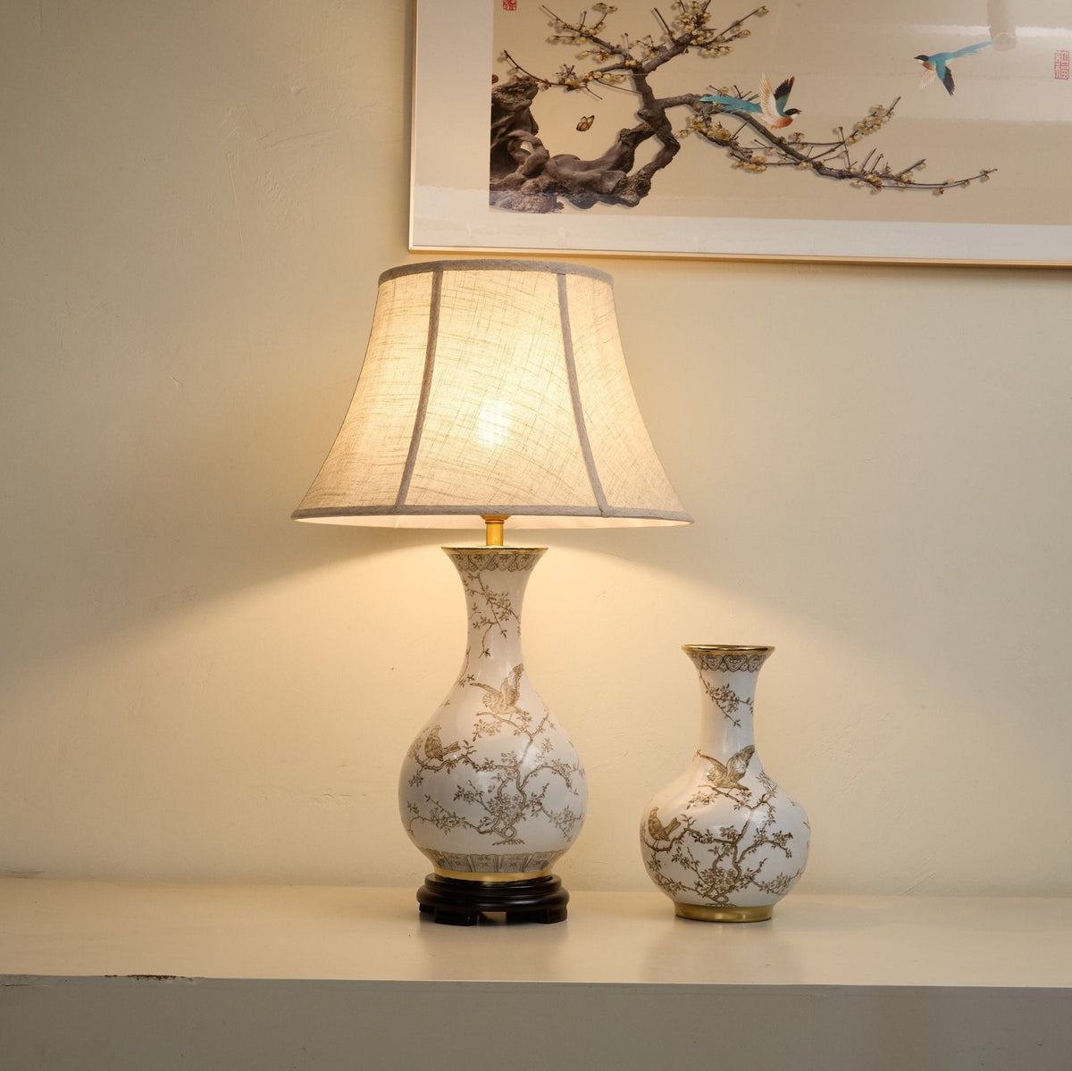 Floral Bird Ceramic Table Lamp with Beige Fabric Shade