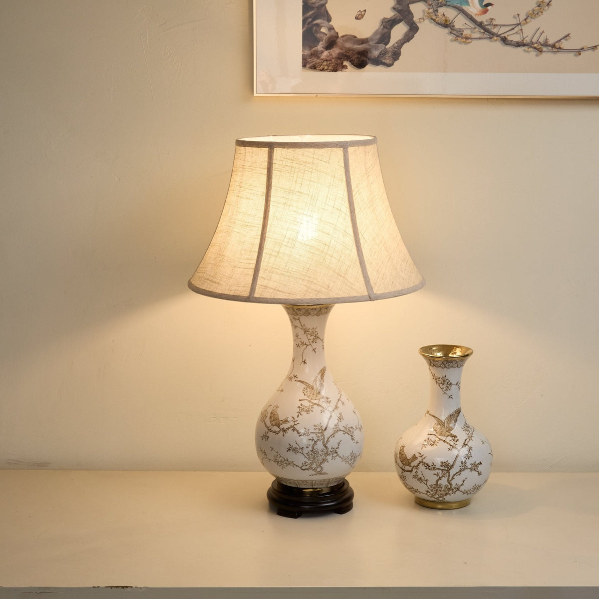 Floral Bird Ceramic Table Lamp with Beige Fabric Shade