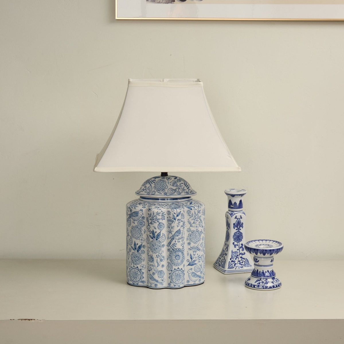 Floral Bird Porcelain Jar Table Lamp with Fabric Shade