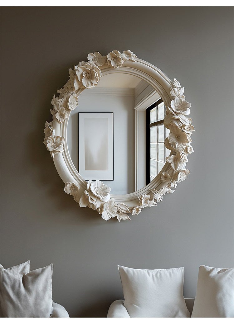 Hand-Carved Floral Vanity Mirror with Ivory Plaster Finish