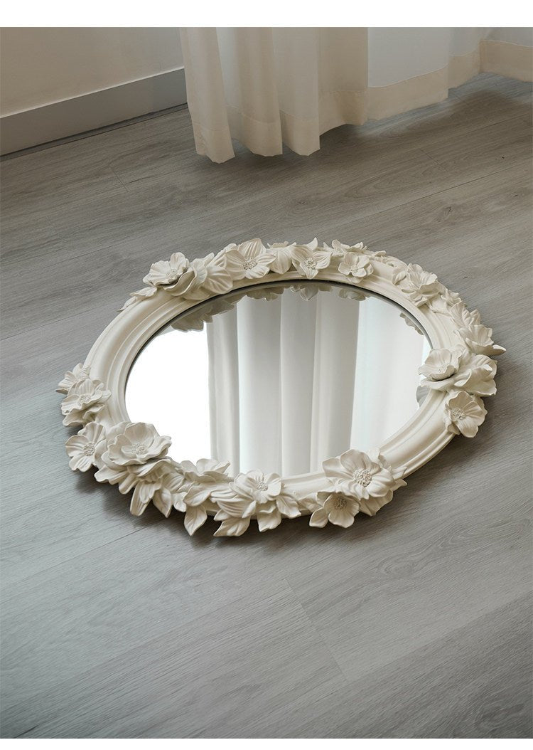 Hand-Carved Floral Vanity Mirror with Ivory Plaster Finish