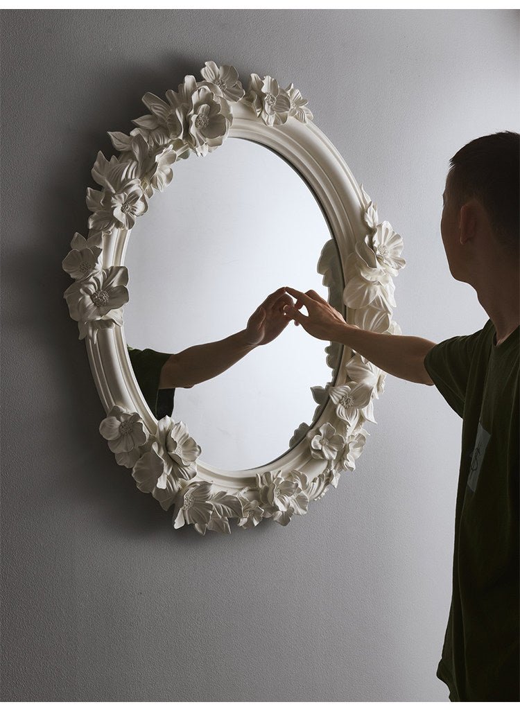 Hand-Carved Floral Vanity Mirror with Ivory Plaster Finish